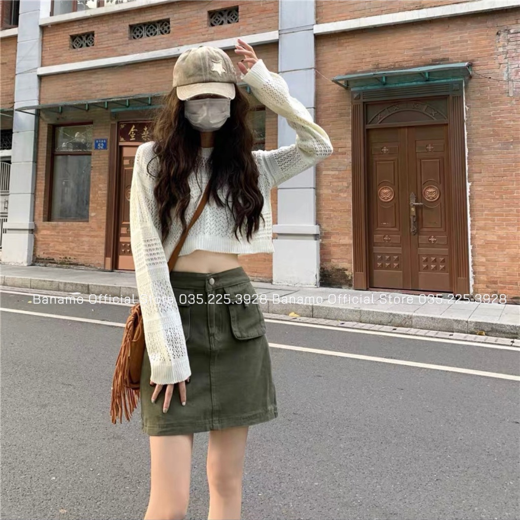 Chân váy jean Thời Trang Banamo Fashion váy jean lưng Cao Dáng A 2 túi nắp 5610