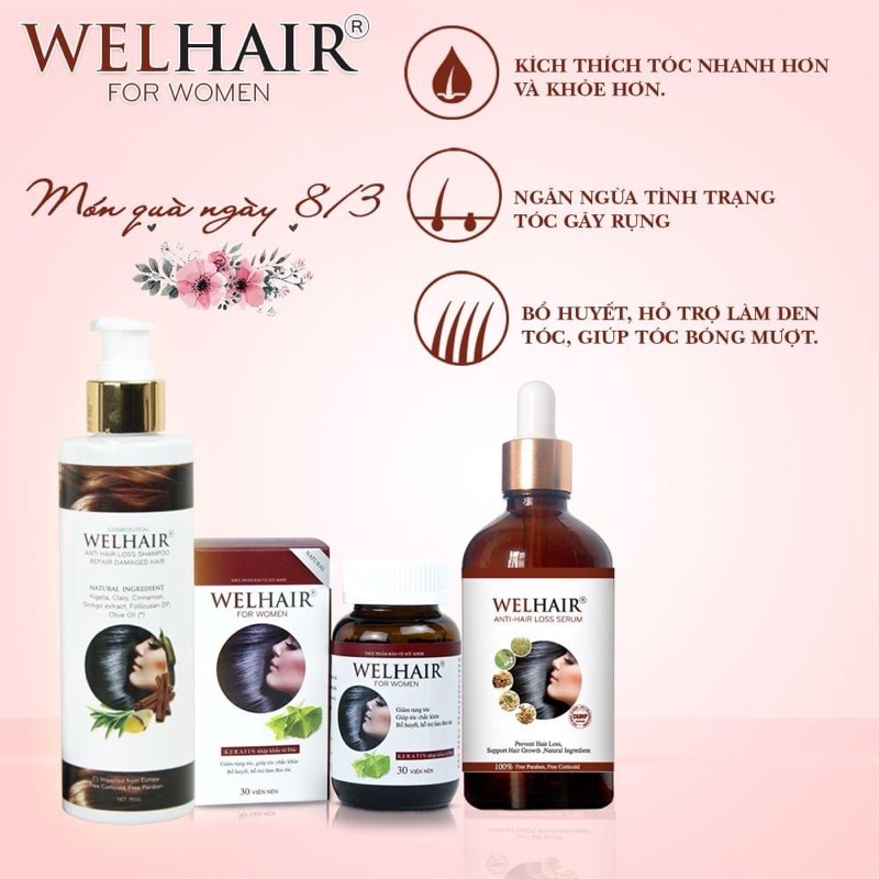 Viên uống Ngăn Rụng Tóc, Bổ Sung Dưỡng Chất Cho Tóc Dày, Mượt, Chắc Khỏe Welhair for Women (hộp 30 viên)