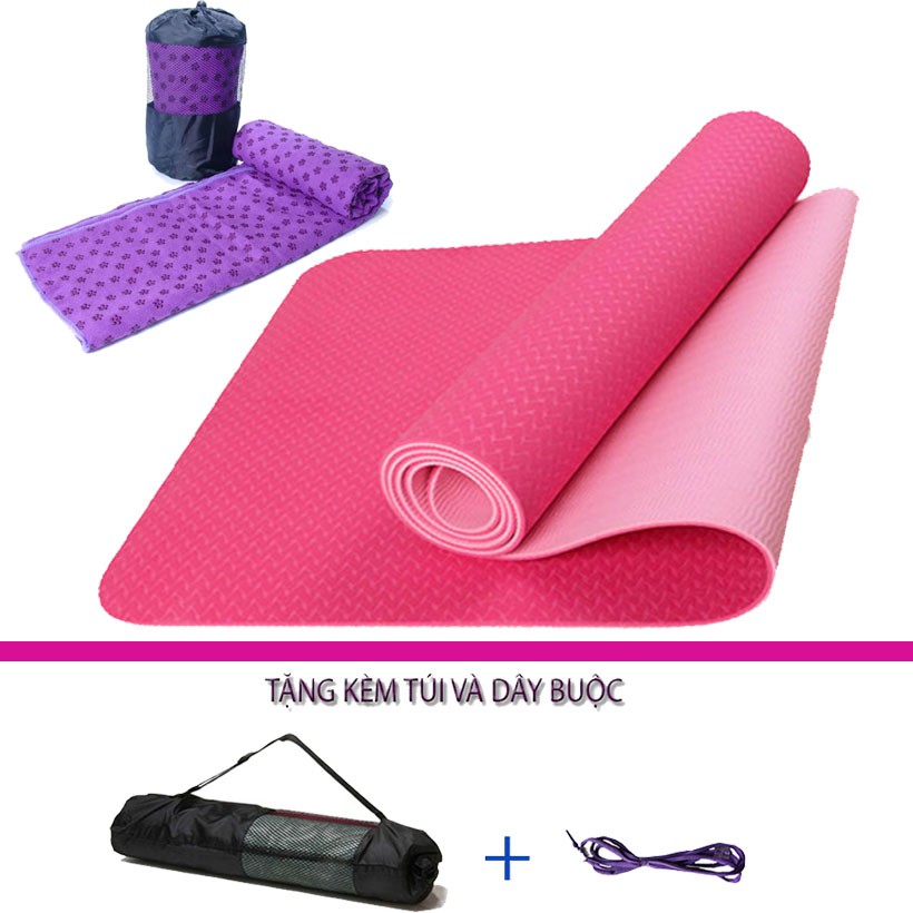 Combo Thảm Tập Yoga TPE 6mm và 8mm 2 lớp Đài Loan + Khăn Trải Thảm Hạt Nổi (Tặng kèm túi và dây buộc)