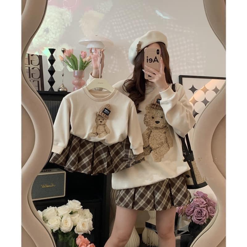 Áo nỉ nữ gấu bear đội mũ áo đôi cho mẹ và bé chất nỉ dày đẹp giữ nhiệt