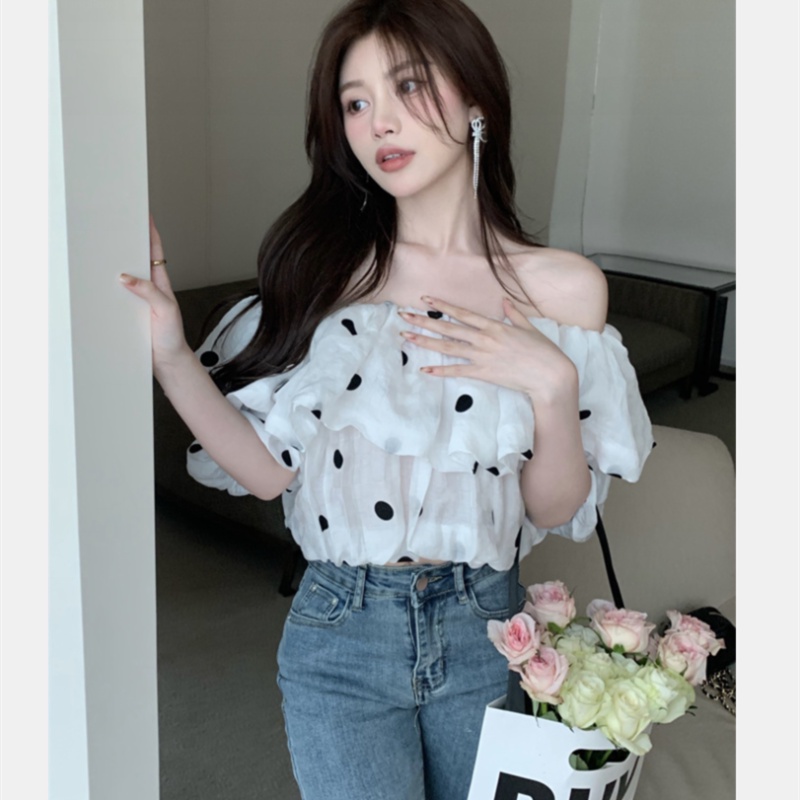 Áo Sơ Mi Tay Ngắn Hở Vai Dáng Rộng Họa Tiết Chấm Bi Thời Trang Mùa Hè Quyến Rũ Cho Nữ