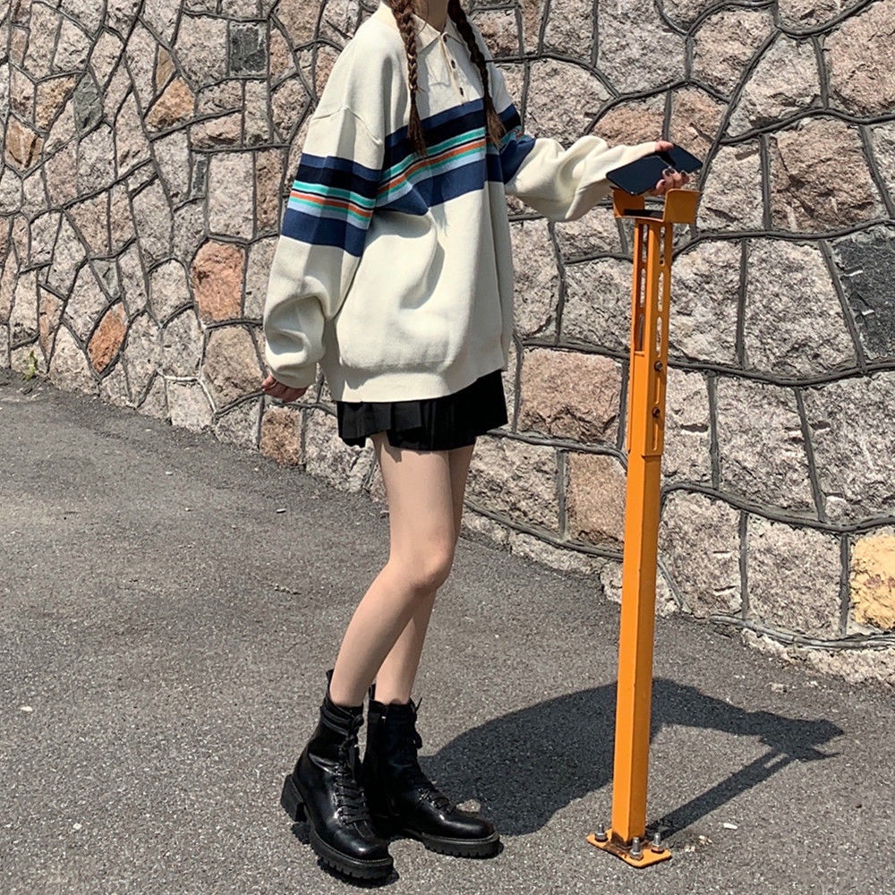 Áo sweater tay dài cổ polo dáng rộng họa tiết sọc ngang thời trang mới | BigBuy360 - bigbuy360.vn