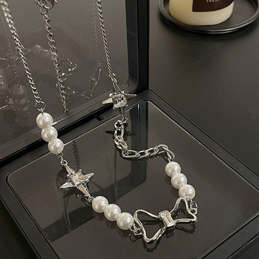 AROMA Vòng cổ Bằng Thép Titan Đính Ngọc Trai Và Ngôi Sao Sang Trọng Cá Tính