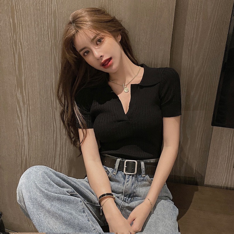 Áo kiểu ZHELIHANGFEI dệt kim tay ngắn cổ bẻ chữ V xẻ sâu quyến rũ thời trang cho nữ