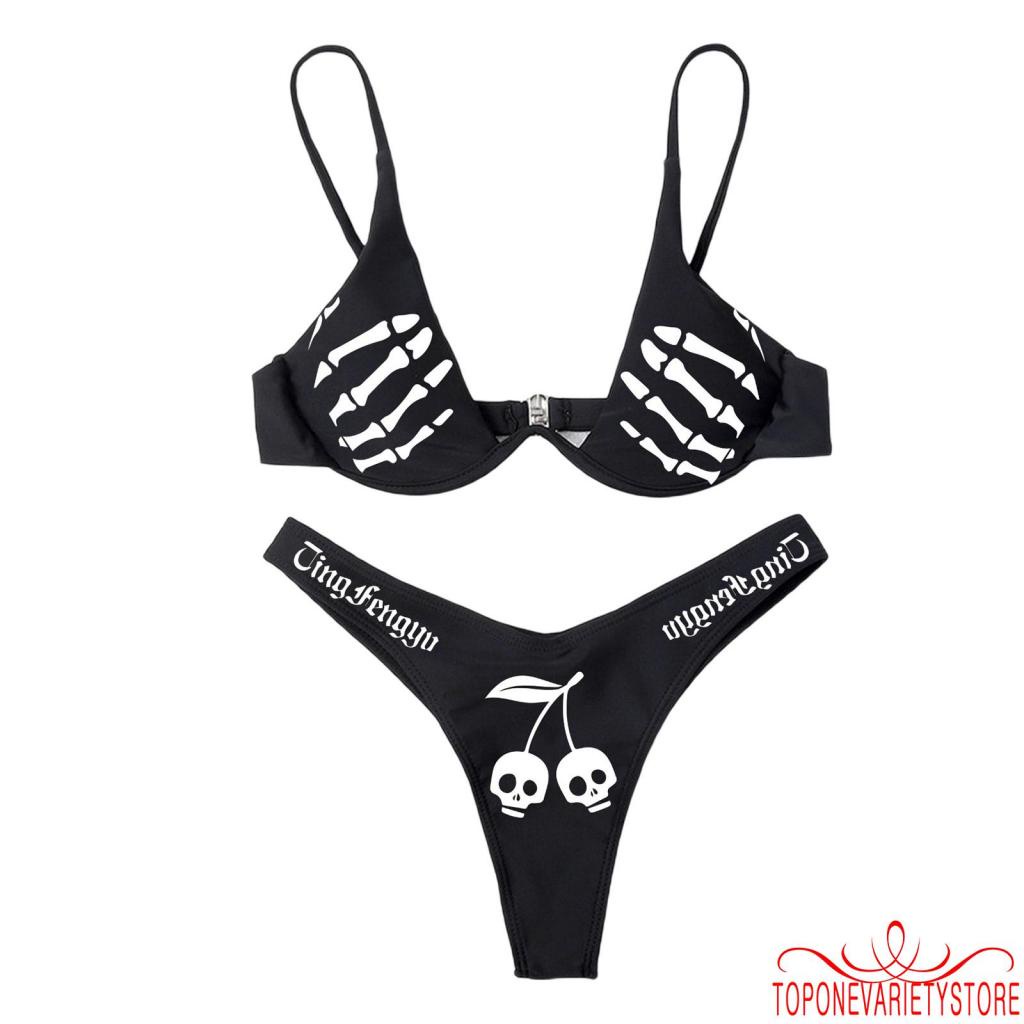 Bộ đồ bơi hai mảnh cổ chữ V khoét sâu in họa tiết đầu lâu có độn co giãn cho nữ