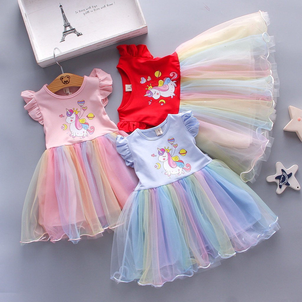 Váy xinh bé gái 1-8 tuổi đầm công chúa thời trang sát nách Bằng Vải tuyn váy cầu vồng Họa Tiết Kỳ Lân Dễ Thương mùa hè cho bé trẻ em