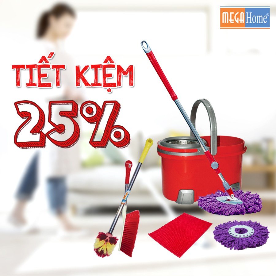 Combo Bộ lau nhà Jet Mop X3+ Bông lau nhà + Chổi cước quét bụi + Thảm đinh 40x60 + Cọ Toilet đầu tròn