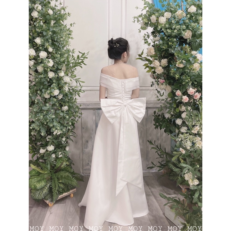 Váy bệt vai voan xòe phi nơ đan lưng - Váy đi bàn đơn giản-H318