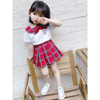 Set cộc cổ nơ vương miện chân váy kẻ cho bé gái