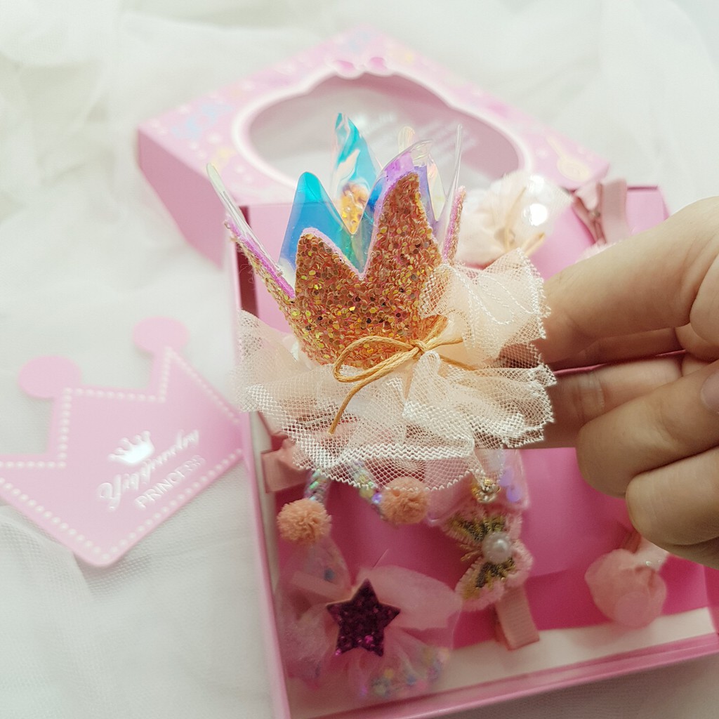 Hộp kẹp tóc công chúa nhiều màu phong cách Hàn. Set phụ kiện tóc bé gái 10 chi tiết
