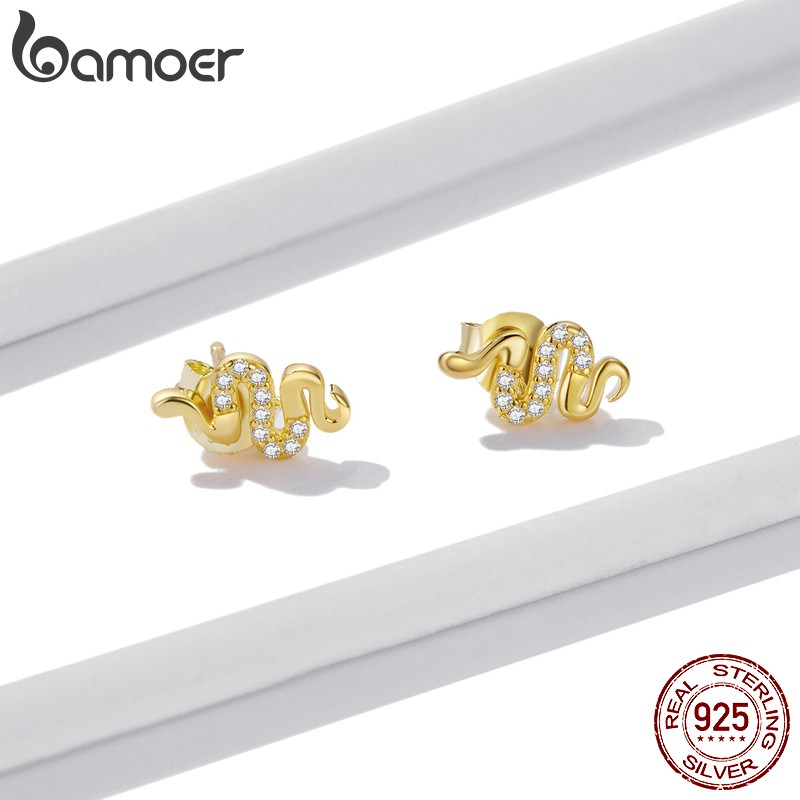 Cặp khuyên tai Bamoer BSE526 bằng bạc 925 hình rắn đính đá zircon thời trang cho nữ
