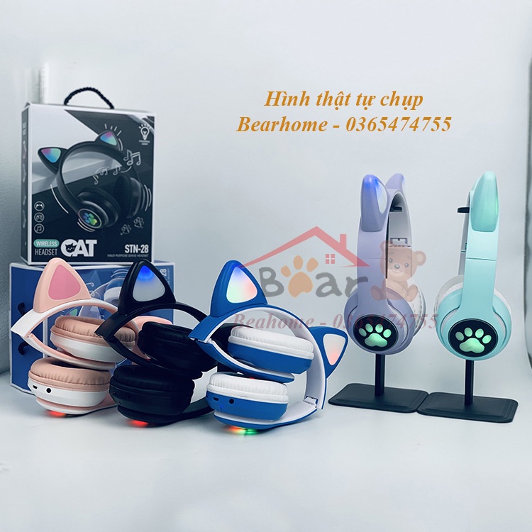 Tai Nghe Bluetooth Chụp Tai Có Sẵn Micro Và Tai Mèo Phát Sáng, Tai Nghe Mèo Không Dây Chơi Game, Headphone Gaming