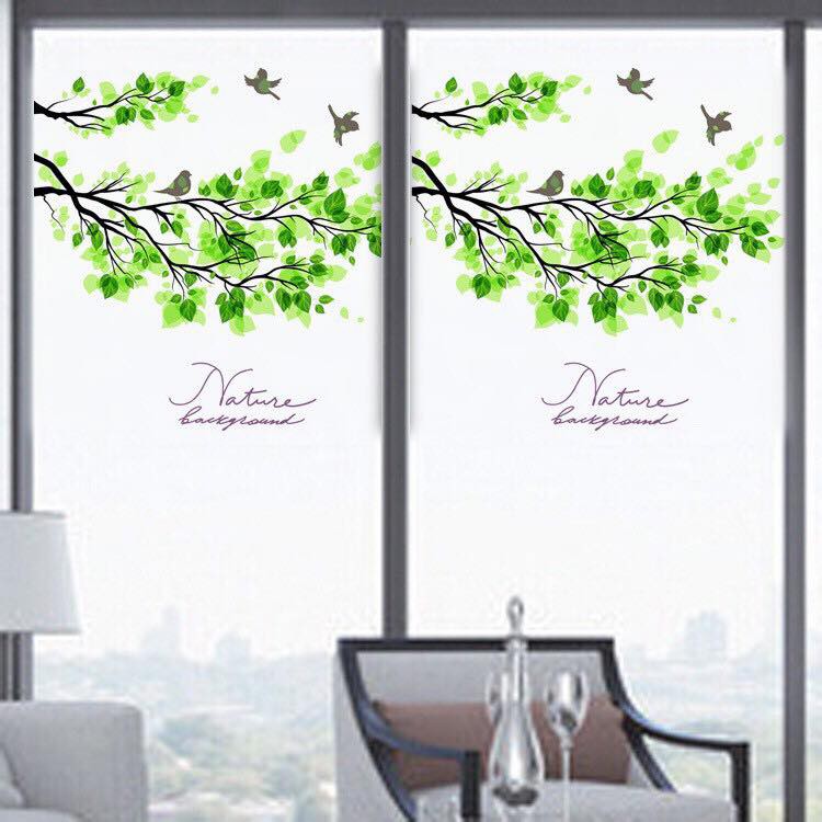 Decal trang trí kính cao cấp mẫu chim lá xanh ( 60cm x 58cm )