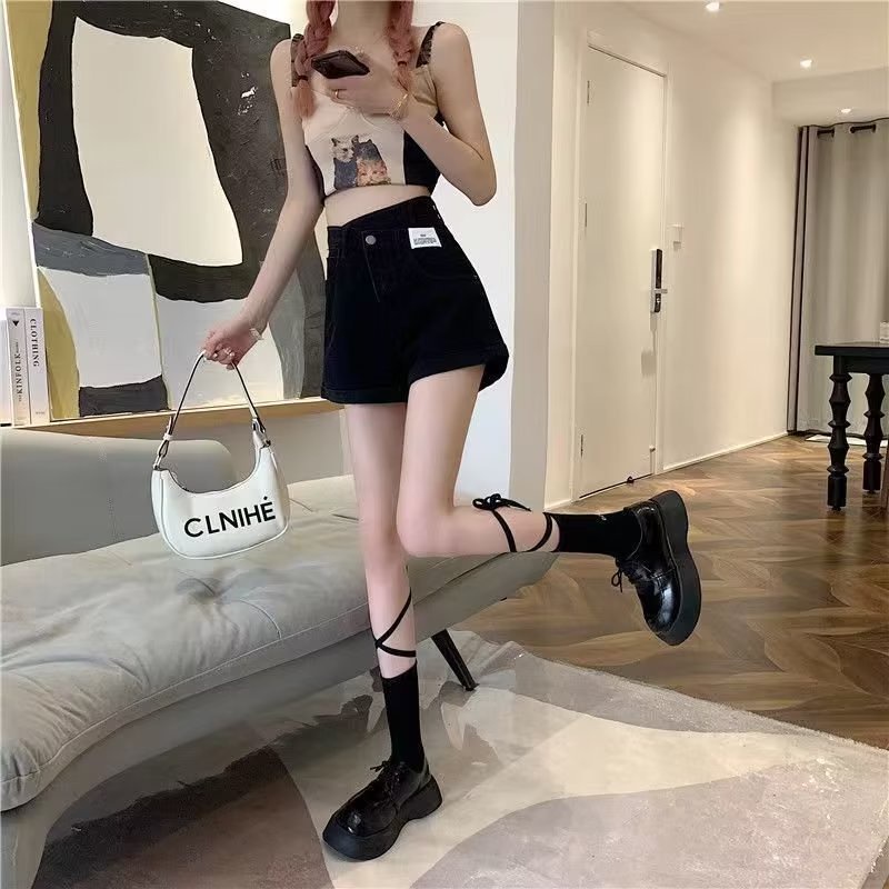 Quần short denim IELGY lưng cao ống rộng phong cách retro thời trang cho nữ