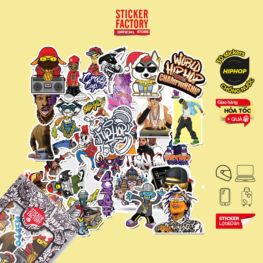 Hộp set 30 sticker decal hình dán nón bảo hiểm , laptop, xe máy, ô tô STICKER FACTORY - Chủ đề Hiphop