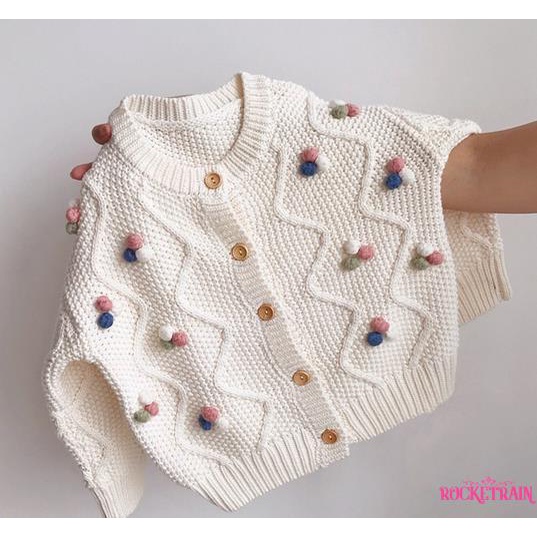 Áo khoác cardigan dệt kim tay dài đính quả bông thời trang mùa thu cho bé gái
