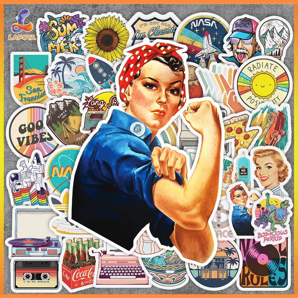 Set 50 cái Sticker Vintage dán mũ bảo hiểm, hình dán Vintage chống nước, decal Vintage cổ điển trang trí sổ, laptop