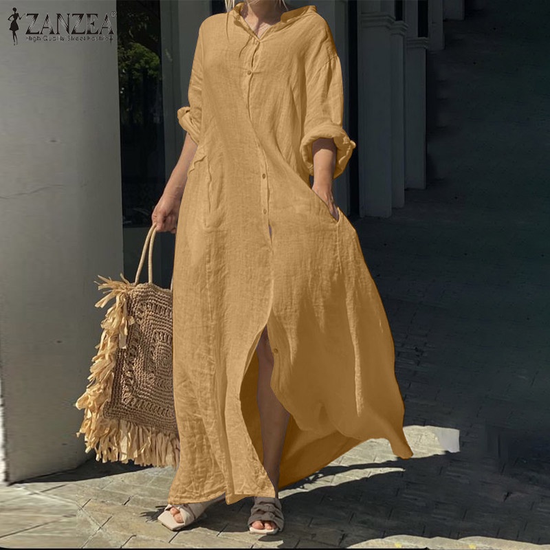 ZANZEA Đầm Maxi Dài Tay Cổ Tròn Có Túi Thời Trang Cho Nữ
