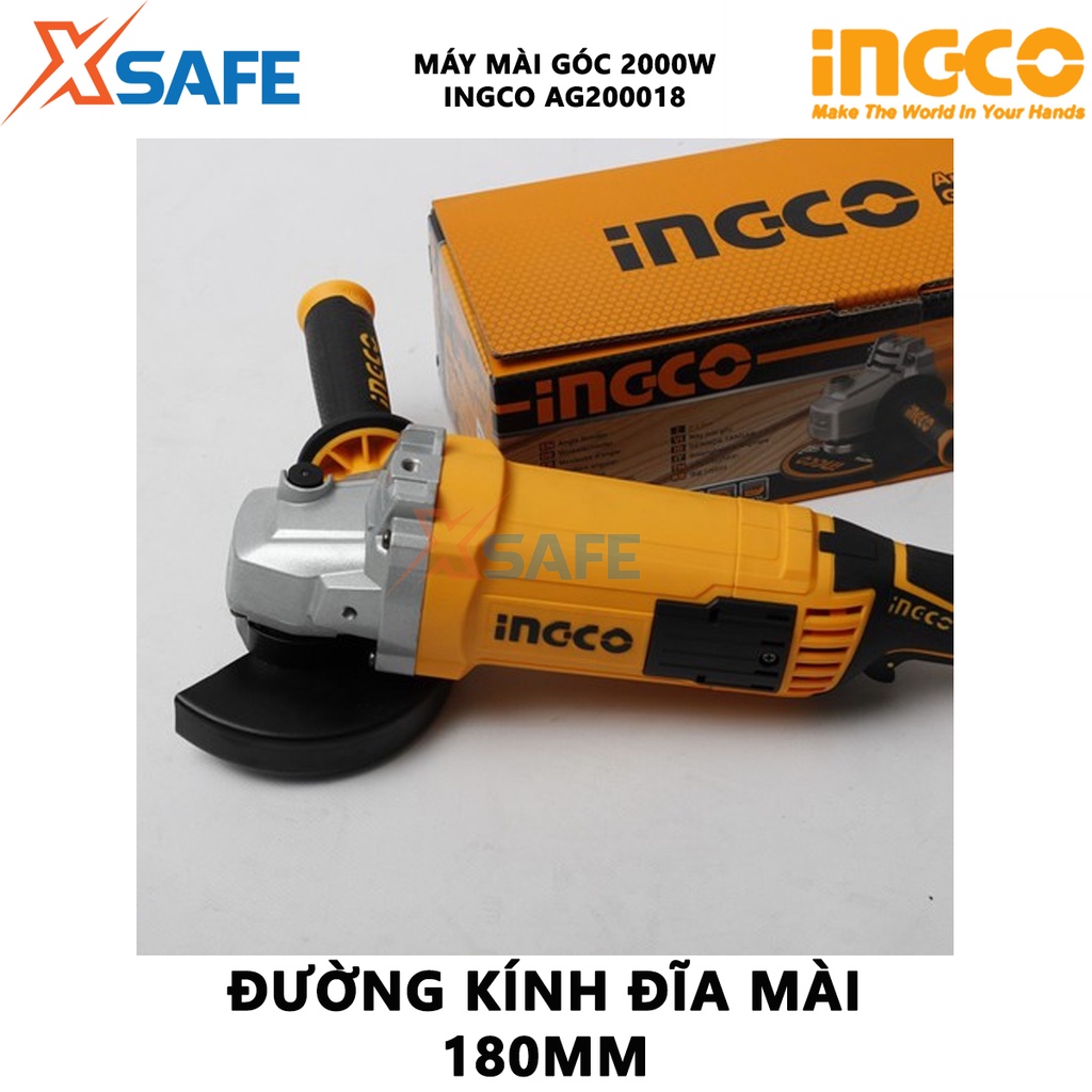 Máy mài góc INGCO AG200018 Máy mài cầm tay công suất 2000W, tốc độ không tải 8450rpm, đường kính đĩa mài 180mm, trục M14
