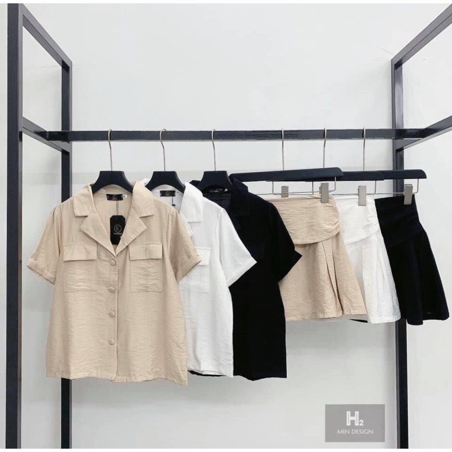 Áo sơ mi cổ vest kèm chân váy ngắn cách điệu Vải đũi thái siêu cao cấp - áo vest cộc tay ulzzang xiao chất đẹp