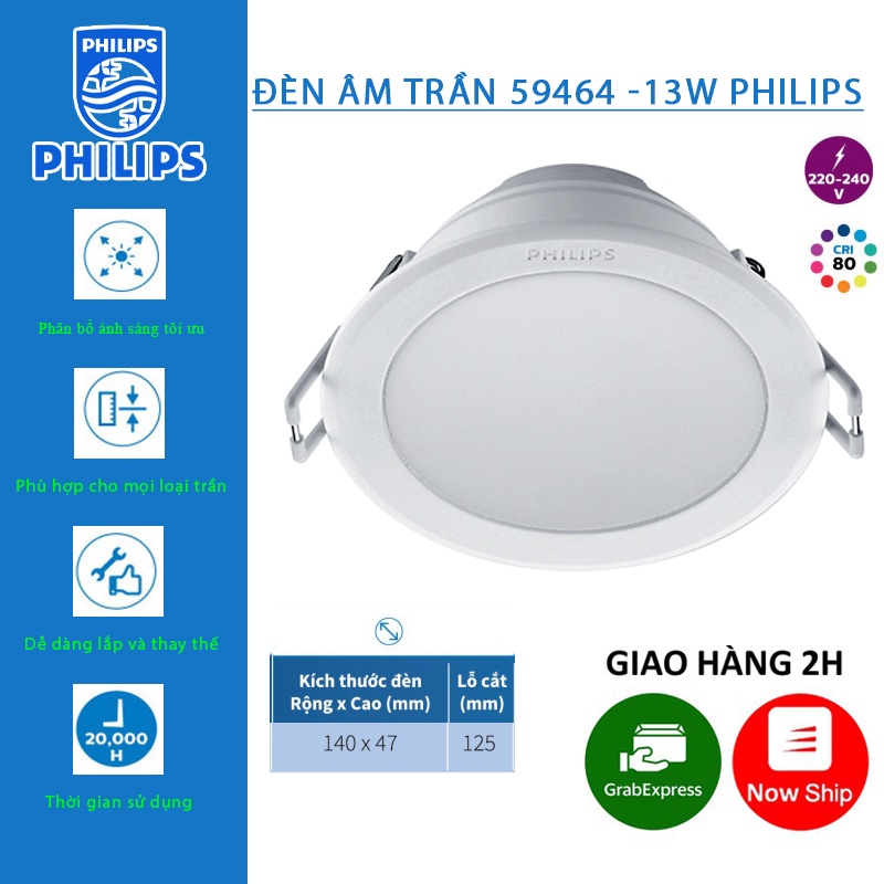 Đèn Led Âm Trần PHILIPS 59464 Meson 13W, Lỗ cắt D125  Ánh Sáng Trắng/Vàng/Trung Tính Bảo Hành 2 Năm (1 Đổi 1)