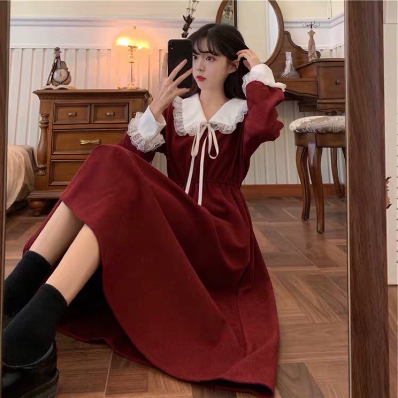 Váy vintage cổ ren bánh bèo thắt nơ. Đầm nhung đỏ ulzzang lolita