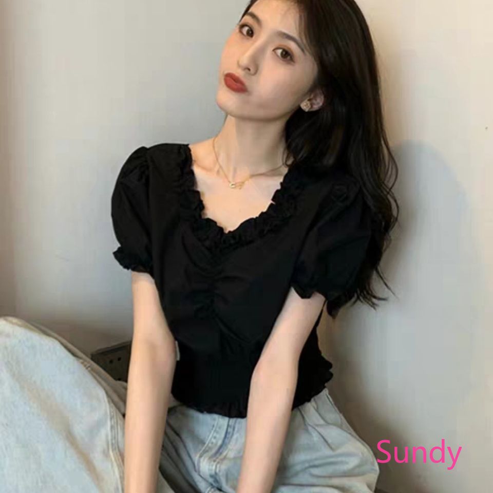 Áo Croptop Tay Phồng Cổ Chữ V Thời Trang Mùa Hè Cho Nữ