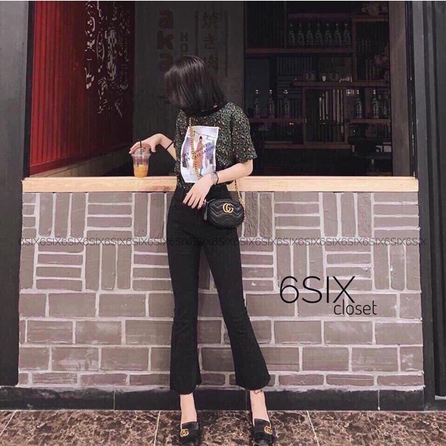 Quần bò đen ống loe rách gấu