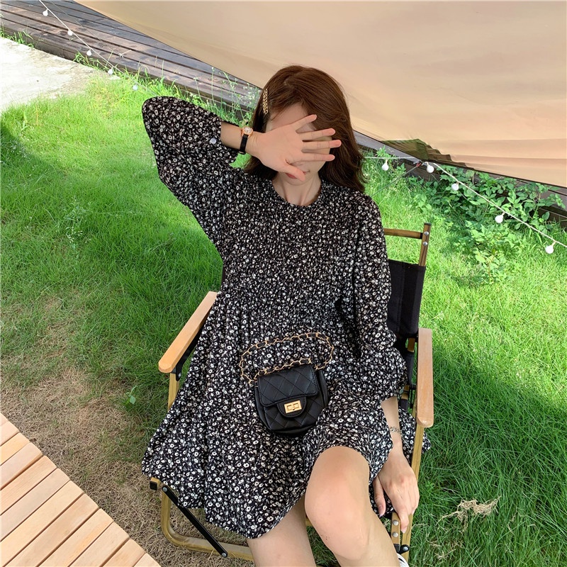 Đầm mini tay dài dáng rộng in họa tiết hoa phong cách Hàn Quốc thời trang sang trọng cho nữ Xiaozhainv