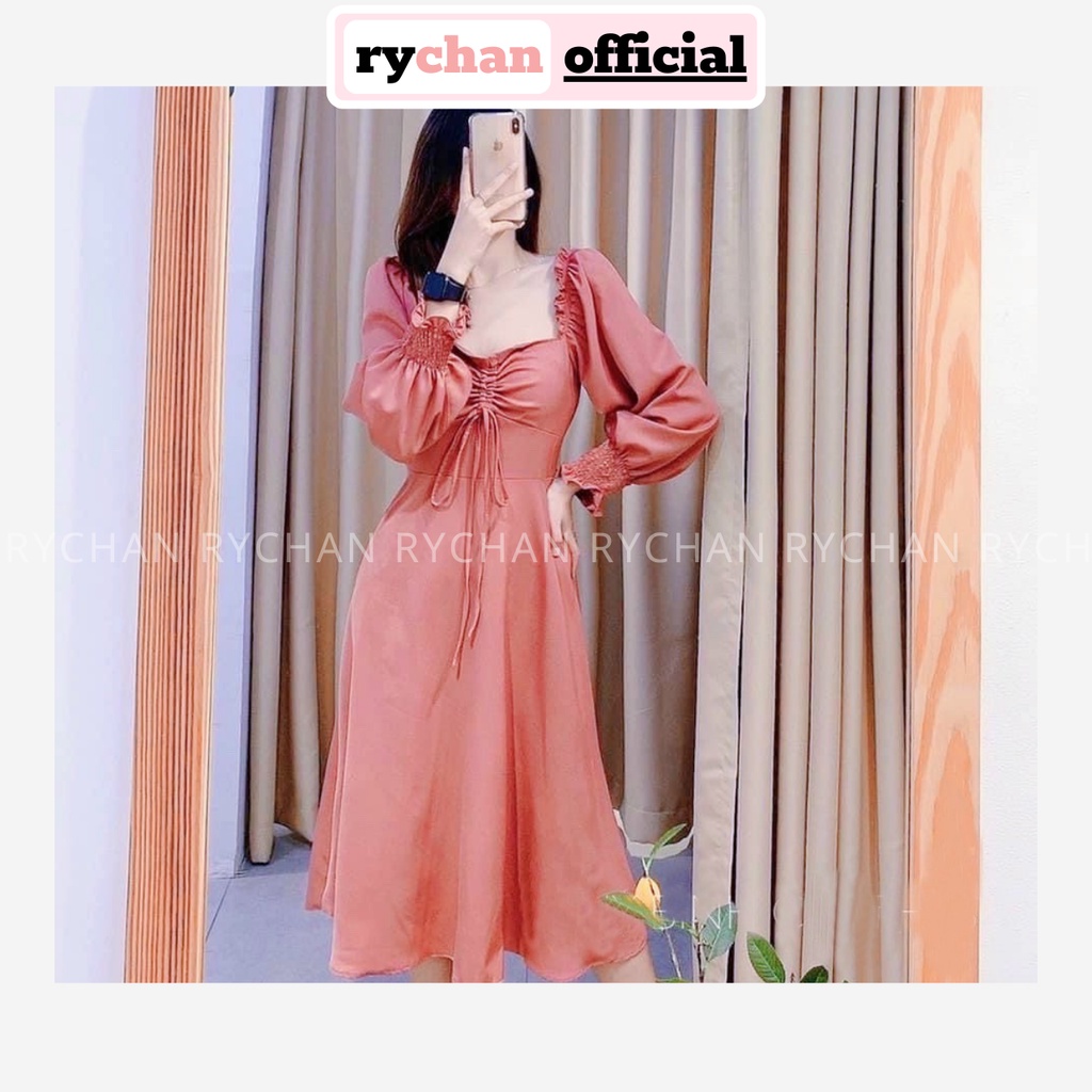 Đầm Xòe Midi Rút Ngực Tay Dài Bo Chun 3 Màu  - DX0084