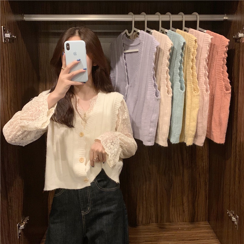 Áo Len Gile Nữ Cổ V Basic Màu Trơn Có Cúc Kiểu Hàn Quốc Ulzzang thời trang Xiaozhainv vn_K3C1 - HÀNG MỚI VỀ