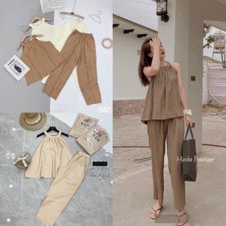 Sét áo đũi cổ yếm mix quần suông, Sét đồ bộ nữ