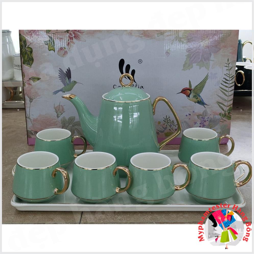 BỘ ẤM CHÉN MÀU GHI KÈM KHAY VIỀN VÀNG