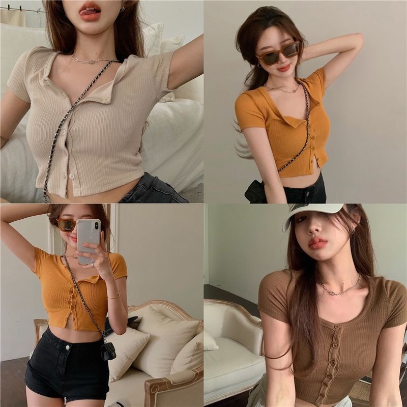 Áo dệt kim tay ngắn phong cách Âu-Mỹ trẻ trung cho nữ
