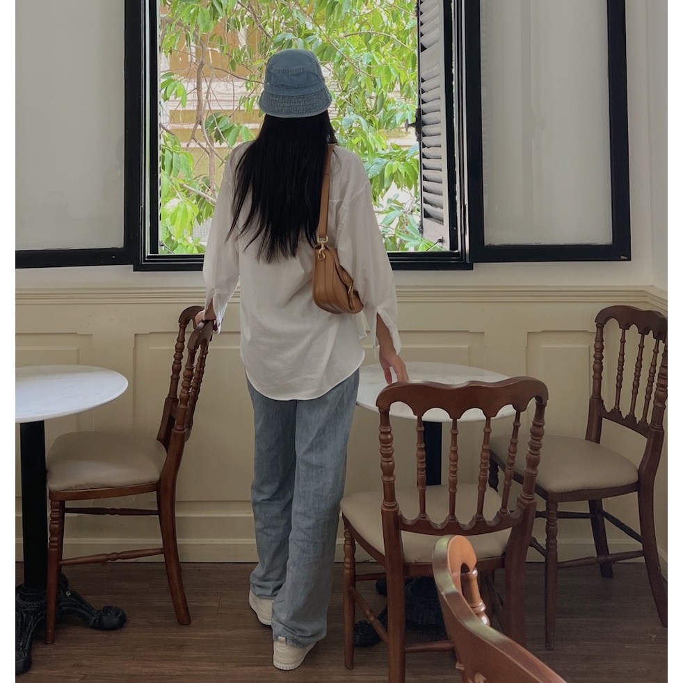 HASMILED - Áo sơmi bạn trai, chất linen màu TRẮNG