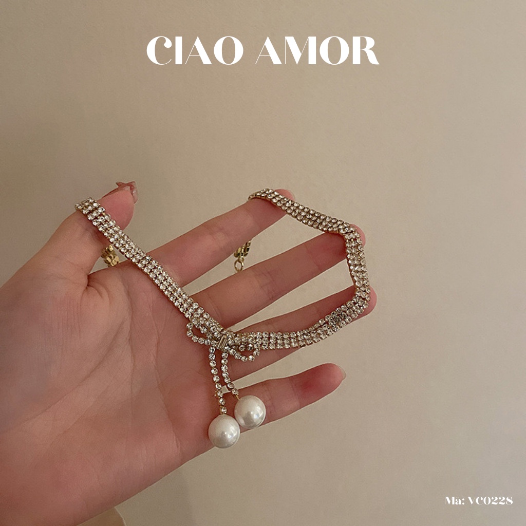 Dây chuyền nữ, vòng cổ, chocker đá 3 lớp đính nơ ngọc Trang sức Ciao Amor - VC0228