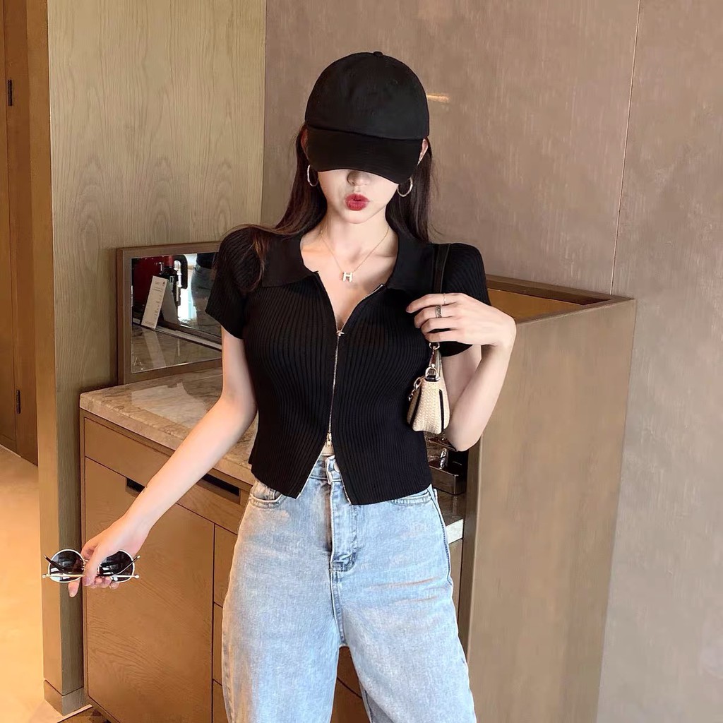 Áo kiểu phối khoá xẻ tà Forgirl cổ bẻ nữ cộc tay hot 2021