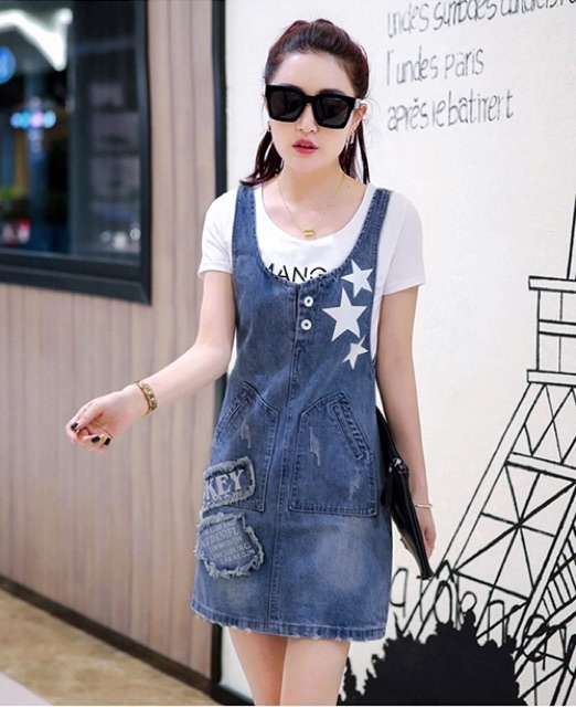 Yếm jean 2 dây wash cào kết hợp ngôi sao