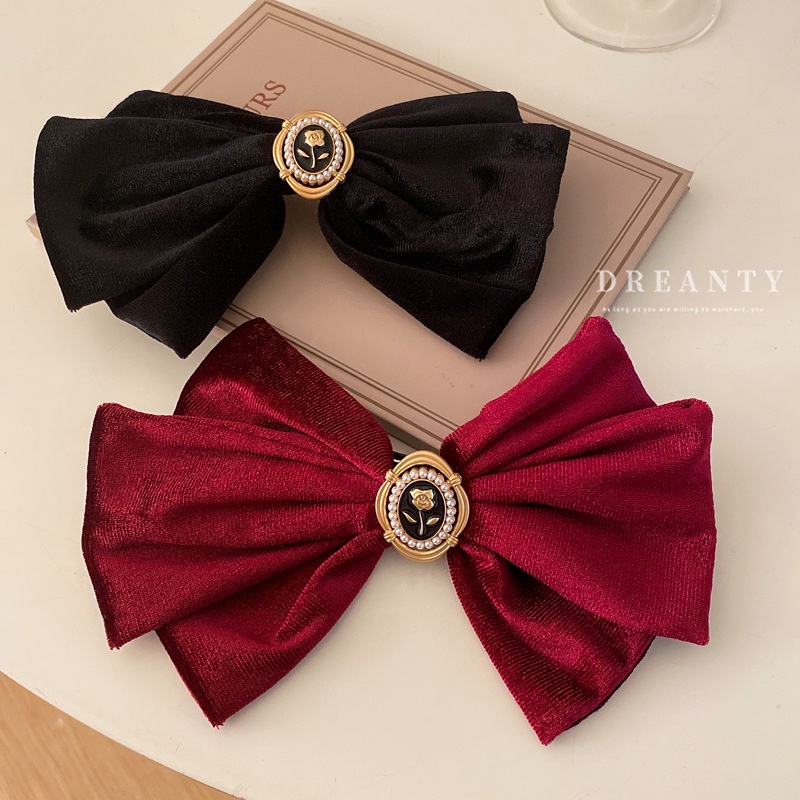 Kẹp Tóc Nơ Vải Nhung Đính Ngọc Trai Thời Trang Hàn Quốc Cho Nữ
