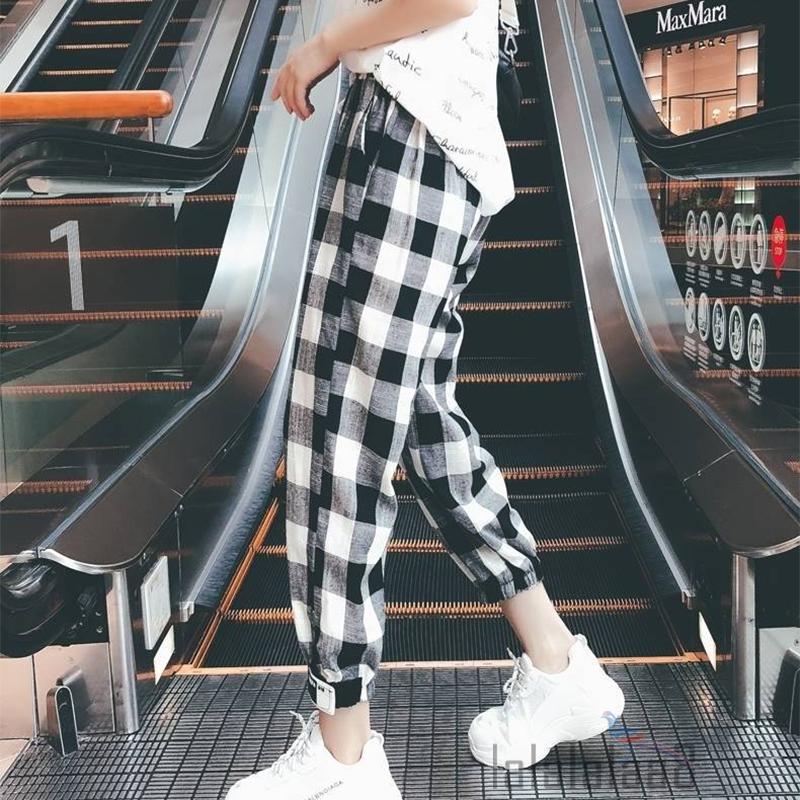 LAA8-Female Trousers, Women’ s Plaid High Waist Long Harem Pants with Drawstring for Spring Summer, S/M/L/XL/XXL