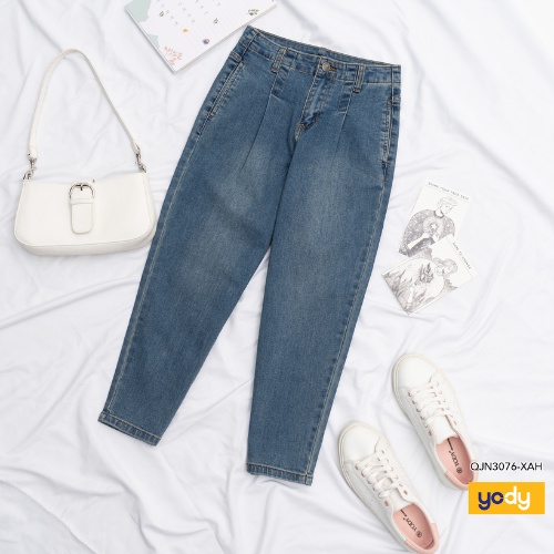 Quần Jean baggy nữ YODY cạp cao ống lửng chất bò co giãn tốt QJN3076