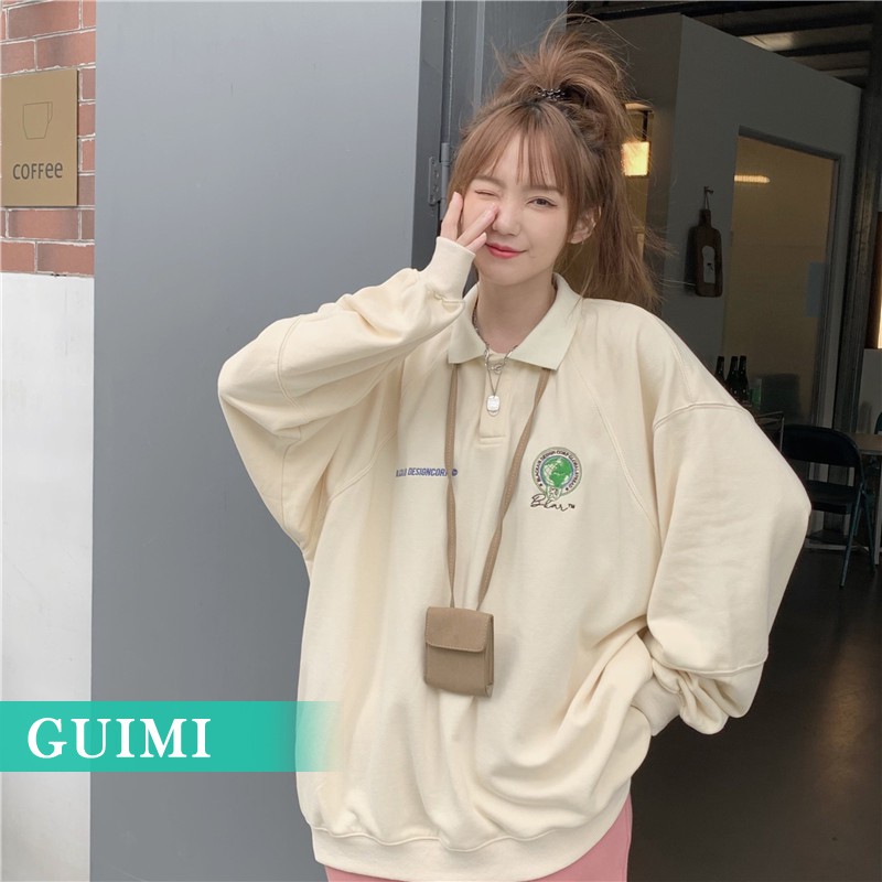 Áo sweater cổ polo dáng rộng thêu họa tiết thời trang mùa thu cho nữ | BigBuy360 - bigbuy360.vn
