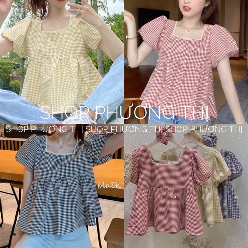 Áo babydoll kẻ tay phồng kèm chun ulzzang (hình thật/sẵn)