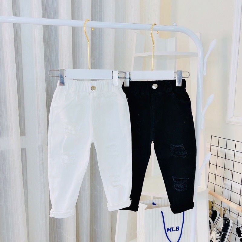 Quần Kaki Cho Bé , Quần Dài Rách Gối Co Giãn 2 Màu Đen - Trắng Cho Bé Trai,Bé Gái
