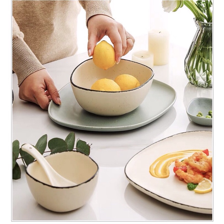 Bộ bát đĩa méo mix màu Starstone phong cách Bắc Âu - Bộ bát đĩa đầy đủ hộp tặng quà, tân gia