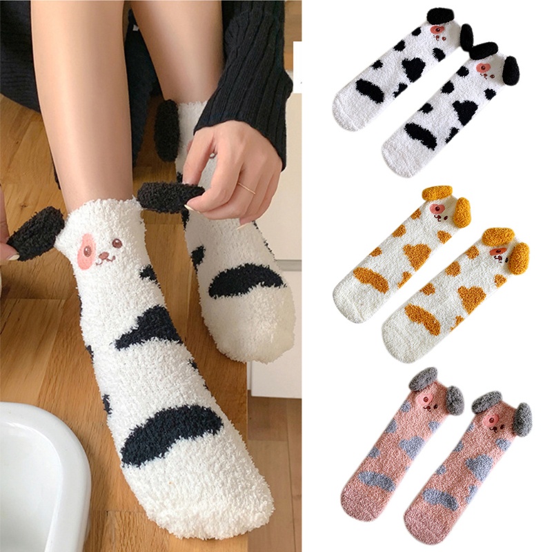 Youyo Vớ Nhung San Hô Mềm Mịn Thêu Hình Chú Chó Hoạt Hình Giữ Ấm Chân Khi Ngủ Mùa Đông Cho Nữ