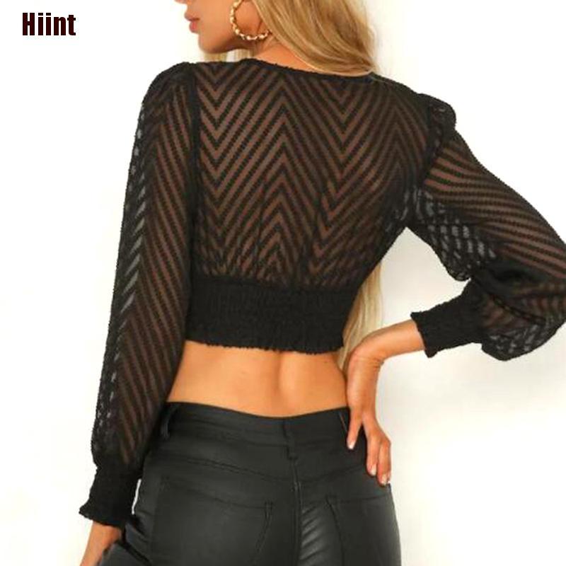 Áo Crop Top Nữ Cổ Chữ V Tay Dài Họa Tiết Sọc Ngang Mới