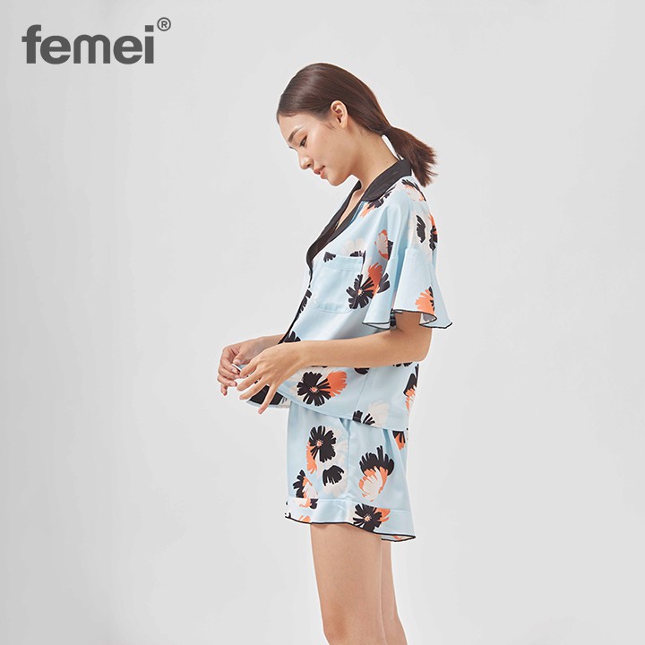 [Mã LT50 giảm 50k đơn 250k] FEMEI - Bộ Pijama ngắn Lụa Hoa Xanh DÔNNA