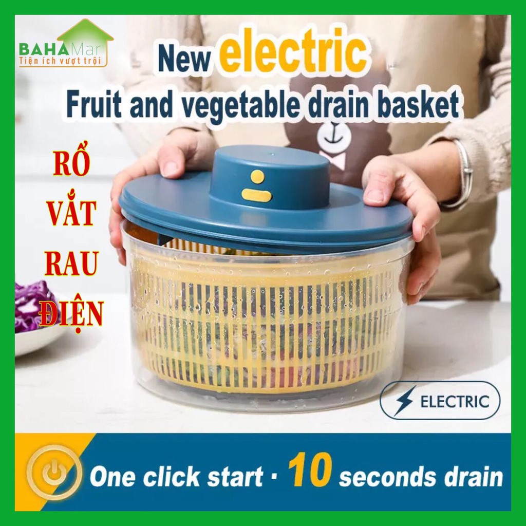 RỔ MÁY QUAY VẮT KHÔ RAU CỦ QUẢ BẰNG ĐIỆN "BAHAMAR" ấn phím quay và thoát nước trong 10 giây, thiết kế hai lớp thoát nước