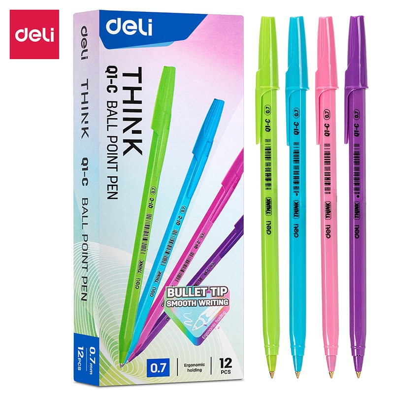 Set 12 cây bút bi DELI đầu ngòi 0.7mm EQ1-BK EQ1-BL EQ1-C